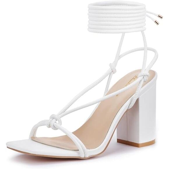 Elisabet Tang Women Lace Up Chunky Heel Sandals in pink/white size 7 and 9 - Picture 1 of 6